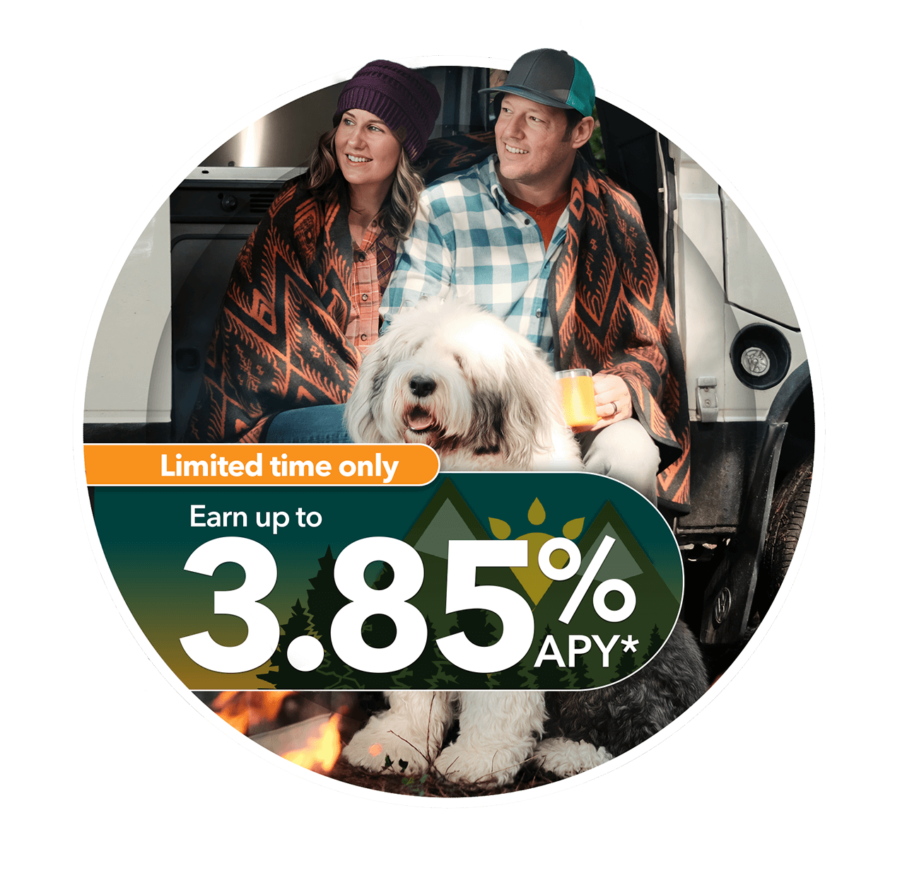 Promotional graphic advertising a limited time offer to earn up to 3.85% APY with a picture of a couple and their dog camping.